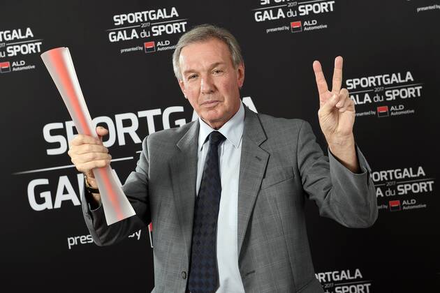 Athletics coach Roger Lespagnard winner of the coach of the year, poses with his trophy during the gala evening for the man and woman of the year 2017 awards, Saturday 16 December 2017, in Brussels. JASPERxJACOBS  x05235448x