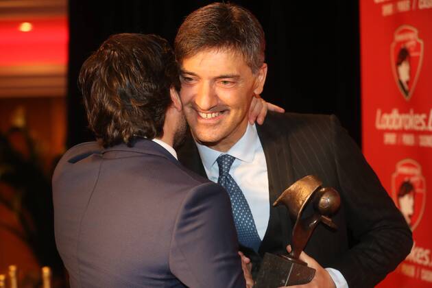 Charleroi s manager Mehdi Bayat and Charleroi s head coach Felice Mazzu pictured during the seventh edition of the Raymond Goethals award, for the coach who was the closest to Raymond Goethals, Monday 18 December 2017, in Genval. VIRGINIExLEFOUR  x05256495x