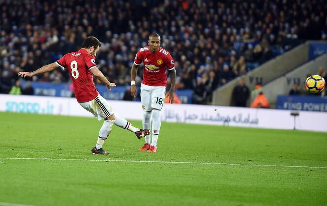 Juan Mata of Manchester United ManU scores his goal to make it 2-1 the premier league match at the King Power Stadium, Leicester. Picture date 23rd December 2017. Picture credit should read: Robin Parker Sportimage EDITORIAL USE ONLY. No use with unauthorised audio, video, data, fixture lists, club league logos or live services. Online in-match use limited to 120 images, no video emulation. No use in betting, games or single club league player publications. HIP_0679
