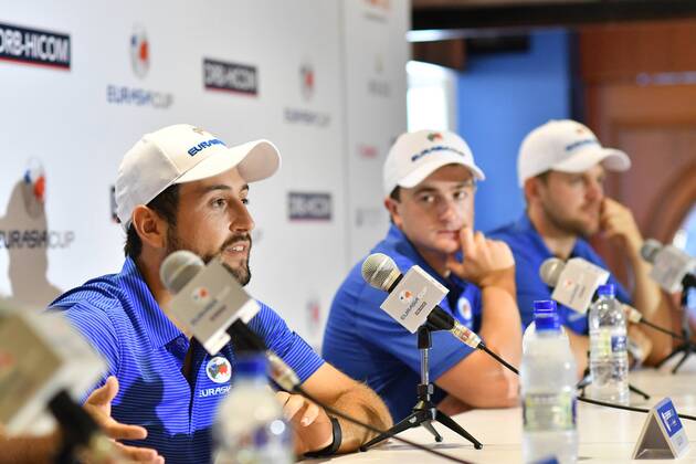 (180109) -- KUALA LUMPUR, Jan.9, 2018 -- Alex Levy(L) from France, a player of Team Europe, speaks at a press conference PK Pressekonferenz of the EurAsia Cup at the Glenmarie Golf and Country Club in Kuala Lumpur, Malaysia, Jan. 9, 2018. This year s EurAsia Cup will take place at the Glenmarie Golf and Country Club from Jan. 12 to Jan. 14, 2018. ) (SP)MALAYSIA-KUALA LUMPUR-GOLF-EURASIA CUP-PRESS CONFERENCE ChongxVoonxChung 