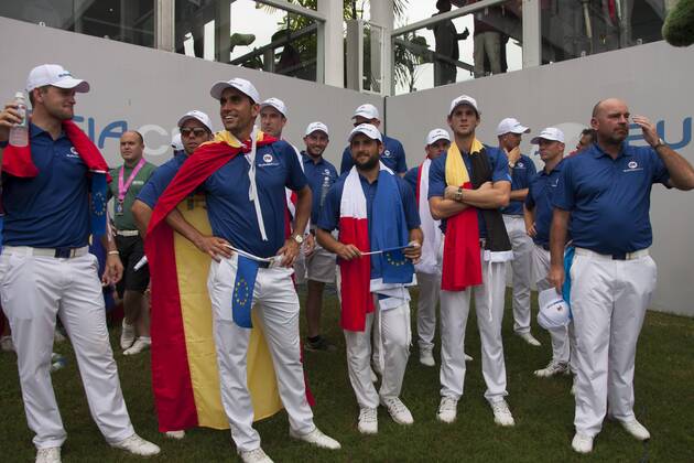 January 14, 2018 - Kuala Lumpur, Kuala Lumpur, Malaysia - Team Europe is seen having a great moment when they has win the EurAsia Cup 2018....EurAsia Cup is a biennial men professional team golf tournament between Europe and Asia presented by DRB-HICOM. It is held on 12th 14th January 2018 at Glenmarie Golf & Country Club. Team Asia will be lead by Arjun Atwal (India) as a captain for the team and the vice captain Zhang Lainwei (China) while for the team Europe Thomas Bjorn (Denmark) will be the captain. The Team Europe has win the EurAsia Cup for this year. Malaysia: EurAsia golf tournament Winning ceremony - ZUMAs197 81558897st Copyright: xFarisxHadziqx xSopaxImagesx
