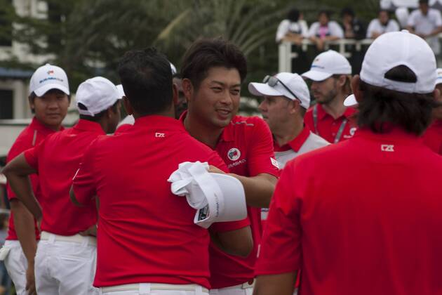 January 14, 2018 - Kuala Lumpur, Kuala Lumpur, Malaysia - Yuta Ikeda and Team Asia is seen having a great moment even they had lose the EurAsia Cup 2018....EurAsia Cup is a biennial men professional team golf tournament between Europe and Asia presented by DRB-HICOM. It is held on 12th 14th January 2018 at Glenmarie Golf & Country Club. Team Asia will be lead by Arjun Atwal (India) as a captain for the team and the vice captain Zhang Lainwei (China) while for the team Europe Thomas Bjorn (Denmark) will be the captain. The Team Europe has win the EurAsia Cup for this year. Malaysia: EurAsia golf tournament Winning ceremony - ZUMAs197 81558912st Copyright: xFarisxHadziqx xSopaxImagesx