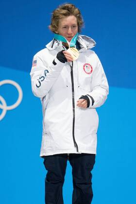 From left menÕs snowboard slopestyle gold medalist Redmond Gerard of the United States holds up his medal while on the podium during a medal ceremony for the Pyeongchang 2018 Winter Olympics, at the Olympic Medal Plaza in Daegwalnyeong, South Korea, on February 11, 2018.  OLY20180211144 MATTHEWxHEALEY