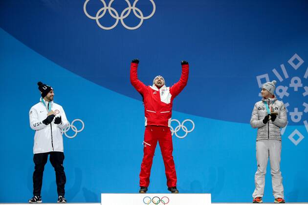 OLYMPICS - 2018 Winter Olympics PYEONGCHANG,SOUTH KOREA,12.FEB.18 - OLYMPICS, LUGE - Olympic Winter games Winterspiele Spiele Summer games PyeongChang 2018, Medals Plaza, men, award ceremony. Image shows Chris Mazdzer (USA), the rejoicing of David Gleirscher (AUT) and Johannes Ludwig (GER). GEPAxpictures xMaticxKlansek