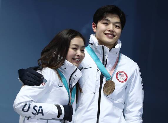 PYEONGCHANG, SOUTH KOREA â€“ FEBRUARY 12, 2018: Ice dancers Maia Shibutani and Alex Shibutani of the United States pose with their bronze medals during the victory ceremony for the Figure skating Eiskunstlauf team event at the 2018 Winter Olympic Games Olympische Spiele Olympia OS Valery Sharifulin TASS  TS073776