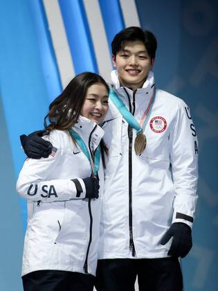 OLYMPICS - 2018 Winter Olympics PYEONGCHANG,SOUTH KOREA,12.FEB.18 - OLYMPICS, Figure skating Eiskunstlauf - Olympic Winter games Winterspiele Spiele Summer games PyeongChang 2018, Medals Plaza, team event, award ceremony. Image shows Maia Shibutani and Alex Shibutani (USA). Keywords: medals. GEPAxpictures xMaticxKlansek
