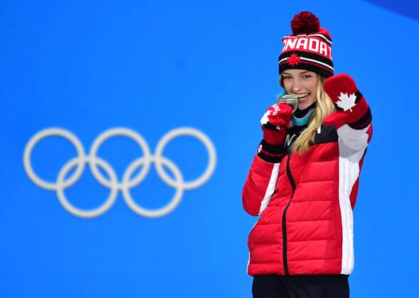 Silver medalist Canada s Justine Dufour-Lapointe celebrates during the medal ceremony for Ladies Moguls during the Pyeongchang 2018 Winter Olympics in Pyeongchang, South Korea, on February 12, 2018.  OLY20180212348 KEVINxDIETSCH