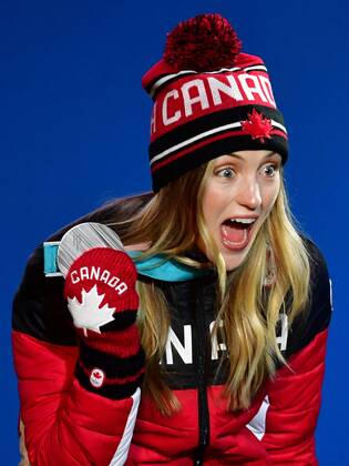 Silver medalist Canada s Justine Dufour-Lapointe celebrates during the medal ceremony for Ladies Moguls during the Pyeongchang 2018 Winter Olympics in Pyeongchang, South Korea, on February 12, 2018.  OLY20180212355 KEVINxDIETSCH