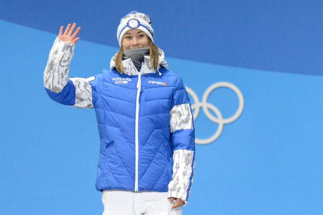 February 12, 2018 - Pyeongchang, South Korea - ENNI RUKAJARVI of Finland on the medals podium for the snowboard Ladies Slopestyle event in the PyeongChang Olympic Games Olympische Spiele Olympia OS PyeongChang 18: Snowboard Women - ZUMAl132 20180212_zap_l132_030 Copyright: xChristopherxLevyx