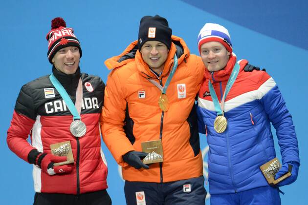 February 12, 2018 - Pyeongchang, South Korea - TED-JAN BLOEMEN of Canada , SVEN KRAMER of the Netherlands and SVERRE LUNDE PEDERSEN of Norway with their medalsl from the men s 5,000m Speed skating Eisschnelllauf event in the PyeongChang Olympic Games Olympische Spiele Olympia OS PyeongChang 18: Speed Skating Men - ZUMAl132 20180212_zap_l132_038 Copyright: xChristopherxLevyx