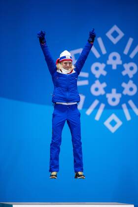 180213 Maren Lundby of Norway, gold, at the medal ceremony for the Women s Ski jumping Skispringen Ski nordisch during day four of the 2018 Winter Olympics on February 13, 2018 in Pyeongchang. Photo: Jon Olav Nesvold BILDBYRAN kod JE 160160 Copyright: JONxOLAVxNESVOLD BB180213JE067