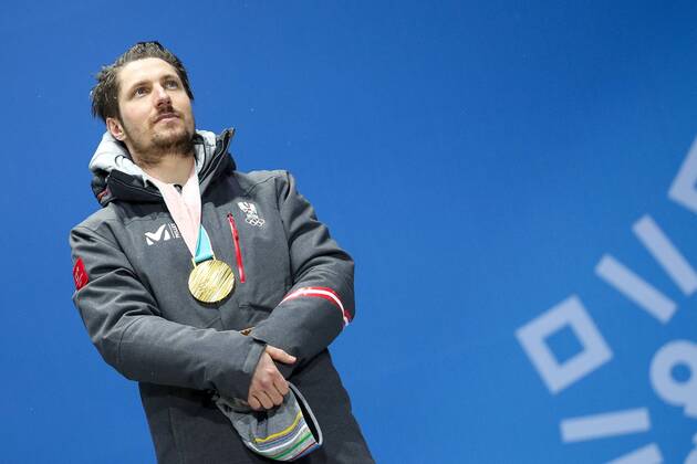OLYMPICS - 2018 Winter Olympics PYEONGCHANG,SOUTH KOREA.13.FEB.18 - OLYMPICS,ALPINE SKIING - Olympic Winter games Winterspiele Spiele Summer games PyeongChang 2018, Medals Plaza, Alpine Combined, Men, award ceremony. Image shows Marcel Hirscher (AUT). Keywords: medal. GEPAxpictures xMaticxKlansek