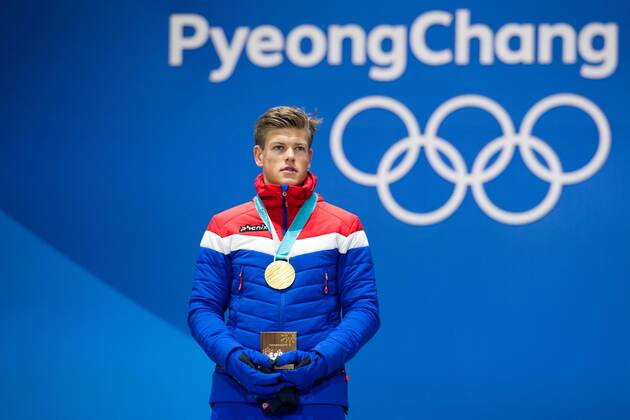180214 Johannes H¿sflot Kl¾bo of Norway, Gold, celebrates at the medal ceremony for the Men s Cross Country Sprint during day five of the 2018 Winter Olympics on February 14, 2018 in Pyeongchang. Photo: Carl Sandin BILDBYRN kod CS 57999_292 Copyright: CARLxSANDIN BB180214CS100