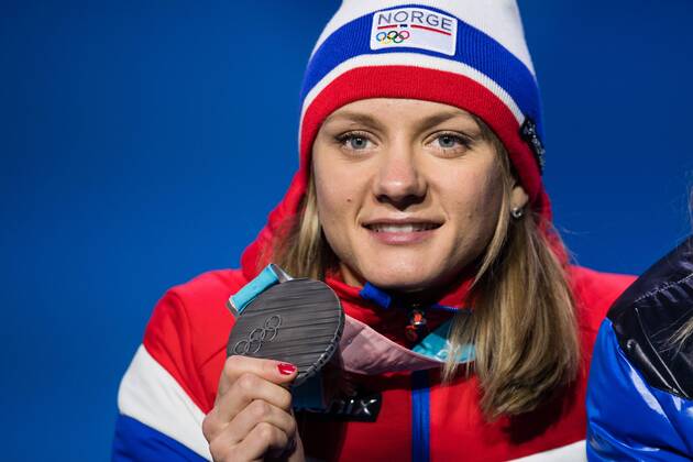 180214 Maiken Caspersen Falla of Norway, Silver, celebrating at the medal ceremony for the Women s Cross Country Sprint during day five of the 2018 Winter Olympics on February 14, 2018 in Pyeongchang. Photo: Carl Sandin BILDBYRN kod CS 57999_292 Copyright: CARLxSANDIN BB180214CS111