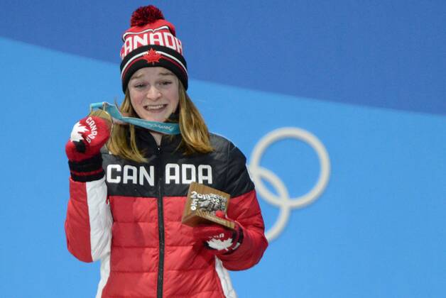 February 14, 2018 - Pyeongchang, South Korea - KIM BOUTIN of Canada with her bronze medal for the Ladies Short Track 500m skating event in the PyeongChang Olympic Games Olympische Spiele Olympia OS PyeongChang 18: Short Track Speed skating Eisschnelllauf Women - ZUMAl132 20180214_zap_l132_027 Copyright: xChristopherxLevyx