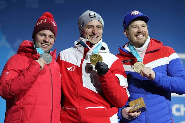 OLYMPICS - 2018 Winter Olympics PYEONGCHANG,SOUTH KOREA,16.FEB.18 - OLYMPICS, ALPINE SKIING - Olympic Winter games Winterspiele Spiele Summer games PyeongChang 2018, Medals Plaza, Super G, men, award ceremony. Image shows Beat Feuz (SUI), Matthias Mayer (AUT) and Kjetil Jansrud (NOR). GEPAxpictures xMathiasxMandl
