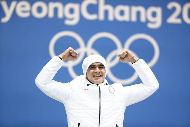PYEONGCHANG, SOUTH KOREA - FEBRUARY 16, 2018: Silver medalist, Olympic Athlete from Russia Nikita Tregubov celebrates during a victory ceremony for the men s skeleton event at the 2018 Winter Olympic Games Olympische Spiele Olympia OS at Medal Plaza. Valery Sharifulin TASS  TS074321