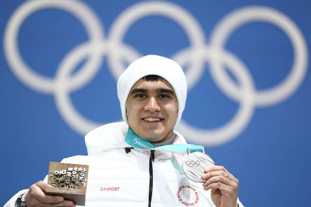 PYEONGCHANG, SOUTH KOREA - FEBRUARY 16, 2018: Silver medalist, Olympic Athlete from Russia Nikita Tregubov celebrates during a victory ceremony for the men s skeleton event at the 2018 Winter Olympic Games Olympische Spiele Olympia OS at Medal Plaza. Valery Sharifulin TASS  TS074322