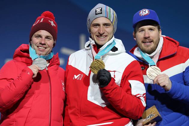 OLYMPICS - 2018 Winter Olympics PYEONGCHANG,SOUTH KOREA,16.FEB.18 - OLYMPICS, ALPINE SKIING - Olympic Winter games Winterspiele Spiele Summer games PyeongChang 2018, Medals Plaza, Super G, men, award ceremony. Image shows Beat Feuz (SUI), Matthias Mayer (AUT) and Kjetil Jansrud (NOR). GEPAxpictures xMathiasxMandl
