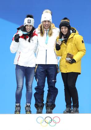 (180217) -- PYEONGCHANG, Feb. 17, 2018 -- Gold medalist Ester Ledecka of the Czech Republic (C), silver medalist Anna Veith of Austria (L) and bronze medalist Tina Weirather of Liechtenstein pose for photos during medal ceremony of ladies super giant slalom of Alpine Skiing at the 2018 PyeongChang Winter Olympic Games Olympische Spiele Olympia OS at the Medal Plaza in PyeongChang, South Korea, on Feb. 17, 2018. ) (SP)OLY-SOUTH KOREA-PYEONGCHANG-ALPINE SKIING-LADIES SUPER-G-MEDAL CEREMONY WuxZhuang 