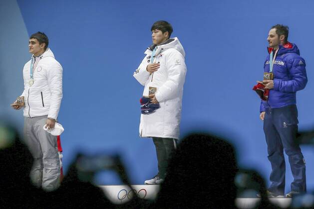 February 16, 2018 - Pyeongchang, GANGWON, SOUTH KOREA - Feb 16, 2018-Pyeongchang, South Korea-DOM PARSONS of Great Britain, YUN SUNGBIN of Korea, NIKITA TREGUBOV of Russia with their medals from the Men s Skeleton event in the PyeongChang Olympic Games Olympische Spiele Olympia OS Olympic Skeleton Medal Ceremony - ZUMAr168 20180216_zap_r168_072 Copyright: xRyuxSeung-Ilx