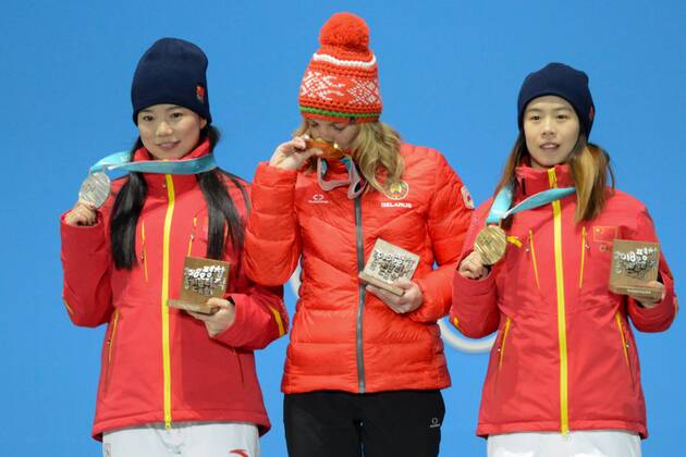 February 17, 2018 - Pyeongchang, South Korea - ZHANG XIN of China (left) , HANNA HUSKOVA of Belarus (center) and FANYU KONG of China with their medals from the Ladies Arials freestyle skiing event in the PyeongChang Olympic Games Olympische Spiele Olympia OS Pyeongchang 18: Medal Winners - ZUMAl132 20180217_zap_l132_081 Copyright: xChristopherxLevyx