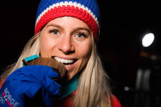 180218 Marte Olsbu of Norway , Bronze, celebrating with her Bronze medal at a Medal Ceremony for Women s 12.5km Mass Start during day nine of the 2018 Winter Olympics on February 18, 2018 in Pyeongchang. Photo: Petter Arvidson BILDBYRAN kod PA 91980 Copyright: PETTERxARVIDSON BB180218PA150