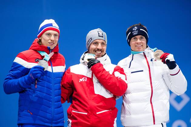PyeongChang 2018 - Ski Alpin, Riesenslalom Herren Siegerehrung 180218 Henrik Kristoffersen of Norway, Silver, and Marcel Hirscher of Austria, Gold, and Alexis Pinturault of France at a Medal Ceremony for Men s Giant Slalom during day nine of the 2018 Winter Olympics on February 18, 2018 in Pyeongchang. Photo: Petter Arvidson BILDBYRAN kod PA 91980 Copyright: PETTERxARVIDSON BB180218PA165