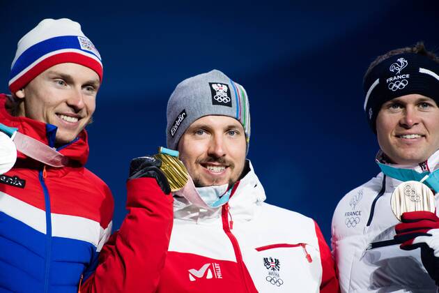 PyeongChang 2018 - Ski Alpin, Riesenslalom Herren Siegerehrung 180218 Henrik Kristoffersen of Norway, Silver, and Marcel Hirscher of Austria, Gold, and Alexis Pinturault of France at a Medal Ceremony for Men s Giant Slalom during day nine of the 2018 Winter Olympics on February 18, 2018 in Pyeongchang. Photo: Petter Arvidson BILDBYRAN kod PA 91980 Copyright: PETTERxARVIDSON BB180218PA170