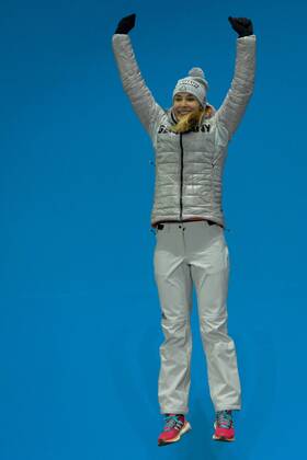 February 18, 2018 - Pyeongchang, South Korea - JACQUELINE LOELLING of Germany celebrates getting the silver medal in the Women s Skeleton event in the PyeongChang Olympic Games Olympische Spiele Olympia OS Pyeongchang 18: Medal Winners - ZUMAl132 20180218_zap_l132_028 Copyright: xChristopherxLevyx