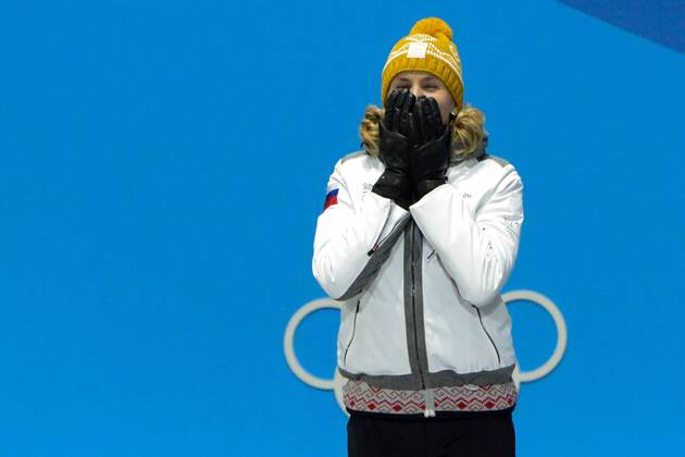 February 18, 2018 - Pyeongchang, South Korea - ANASTASIYA KUZMINA of Slovakia celebrates getting the gold medal in the Women s 12.5km Mass Start Biathlon event in the PyeongChang Olympic Games Olympische Spiele Olympia OS Pyeongchang 18: Medal Winners - ZUMAl132 20180218_zap_l132_083 Copyright: xChristopherxLevyx
