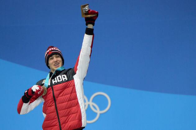 February 18, 2018 - Pyeongchang, South Korea - ALEX BEAULIEU-MARCHAND of Canada celebrates getting the bronze medal in the Men s Slopestyle freestyle skiing event in the PyeongChang Olympic Games Olympische Spiele Olympia OS Pyeongchang 18: Medal Winners - ZUMAl132 20180218_zap_l132_117 Copyright: xChristopherxLevyx