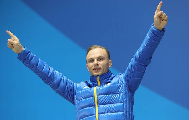 PYEONGCHANG, SOUTH KOREA â€“ FEBRUARY 19, 2018: Gold medallist Oleksandr Abramenko of Ukraine poses at a victory ceremony for the men s freestyle skiing aerials at the 2018 Winter Olympic Games Olympische Spiele Olympia OS Sergei Bobylev TASS  TS074A5B