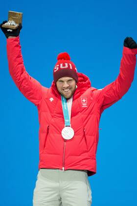 MenÕs Ski Cross silver medalist Marc Bischofberger of Switzerland celebrates during the medals ceremony at Pyeongchang Medals Plaza in Pyeongchang, South Korea on February 21, 2018.  OLY20180221144 MATTHEWxHEALEY