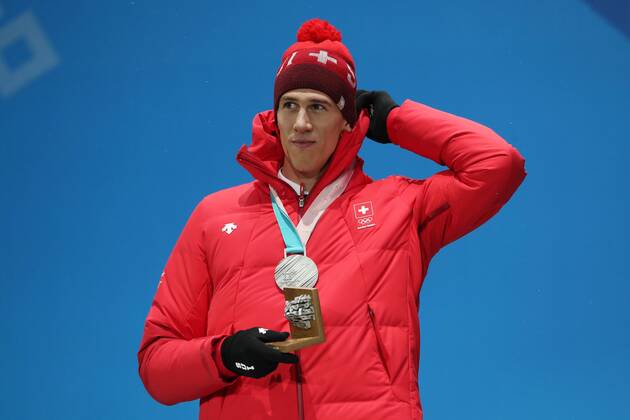PyeongChang 2018, Ski Alpin, Slalom, Herren, Siegerehrung OLYMPICS - 2018 Winter Olympics PYEONGCHANG,SOUTH KOREA,22.FEB.18 - OLYMPICS, ALPINE SKIING - Olympic Winter games Winterspiele Spiele Summer games PyeongChang 2018, slalom, men. Image shows Ramon Zenhaeusern (SUI). Keywords: medal. GEPAxpictures xMathiasxMandl
