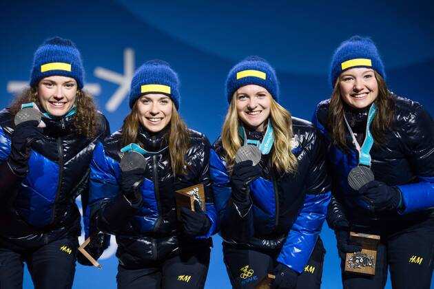 180223 Hanna Öberg, Anna Magnusson, Mona Brorsson and Linn Persson of Sweden Silver, celebrates at the Medal Ceremony for the Women s Biathlon 4x6 km relay during day fourteen of the 2018 Winter Olympics on February 23, 2018 in Pyeongchang. Photo: Joel Marklund BILDBYRAN kod JM 87647 Copyright: JOELxMARKLUND BB180223JM071