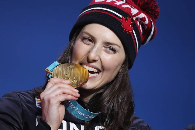 OLYMPICS - 2018 Winter Olympics PYEONGCHANG,SOUTH KOREA,23.FEB.18 - OLYMPICS, FREESTYLE SKIING - Olympic Winter games Winterspiele Spiele Summer games PyeongChang 2018, Medals Plaza, award ceremony, Ski Cross, ladies. Image shows Kelsey Serwa (CAN). GEPAxpictures xChristianxWalgram