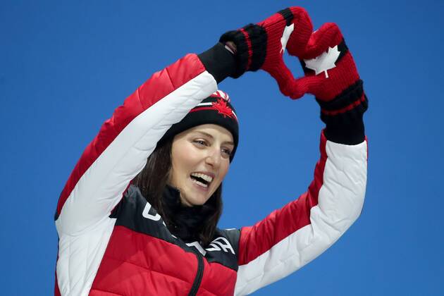 OLYMPICS - 2018 Winter Olympics PYEONGCHANG,SOUTH KOREA,23.FEB.18 - OLYMPICS, FREESTYLE SKIING - Olympic Winter games Winterspiele Spiele Summer games PyeongChang 2018, Medals Plaza, award ceremony, Ski Cross, ladies. Image shows Kelsey Serwa (CAN). GEPAxpictures xChristianxWalgram