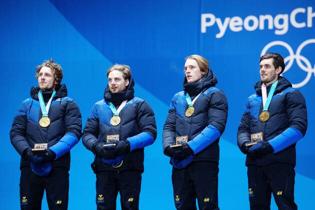 180224 Peppe Femling, Jesper Nelin, Sebastian Samuelsson and Fredrik Lindström of Sweden, Gold celebrates at the Medal Ceremony for the Men s Biathlon 4x7,5 km relay during day fifteen of the 2018 Winter Olympics on February 24, 2018 in Pyeongchang. Photo: Carl Sandin BILDBYRAN kod CS 57999_322 Copyright: CARLxSANDIN BB180224CS097
