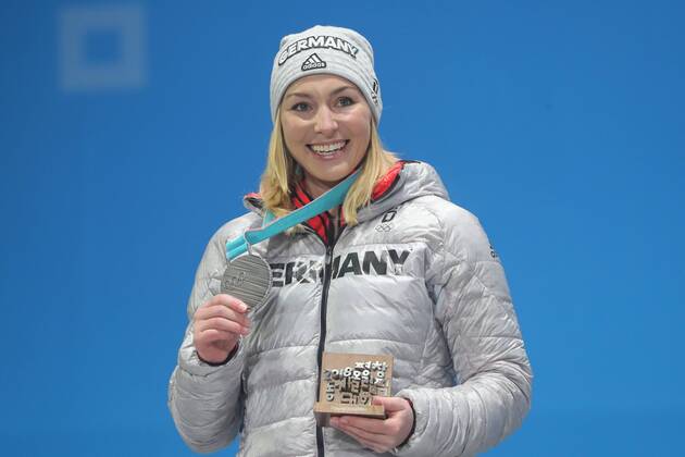 OLYMPICS - 2018 Winter Olympics PYEONGCHANG,SOUTH KOREA,24.FEB.18 - OLYMPICS, SNOWBOARDING - Olympic Winter games Winterspiele Spiele Summer games PyeongChang 2018, Medals Plaza, award ceremony, parallel giant slalom, ladies. Image shows Selina Joerg (GER). Keywords: medal. GEPAxpictures xMathiasxMandl