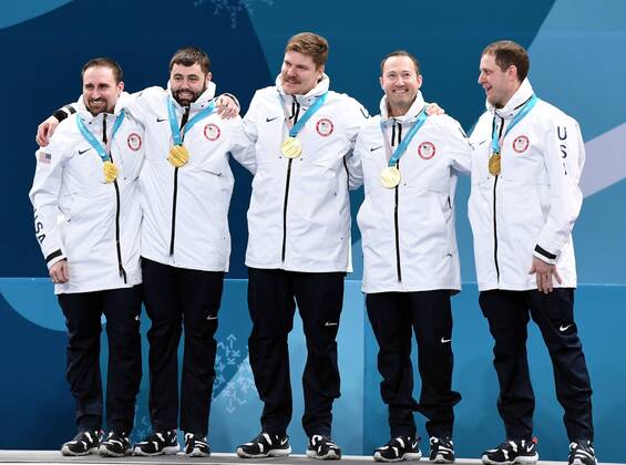 (180224) -- PYEONGCHANG, Feb. 24, 2018 -- Champion team of the United States pose for photos during medal ceremony of men s curling at the 2018 PyeongChang Winter Olympic Games Olympische Spiele Olympia OS at Gangneung Curling Centre, Gangnueng, South Korea, Feb. 24, 2018. ) (SP)OLY-SOUTH KOREA-PYEONGCHANG-CURLING-MEN S FINAL MaxPing 