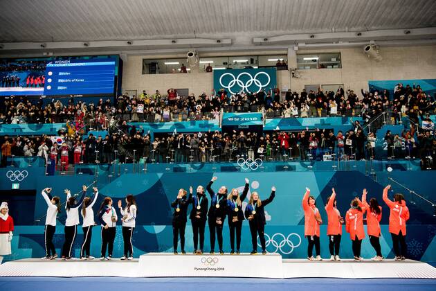180225 Players of South Korea, Sweden and Japan receive the silver, gold and bronze medals on the podium after the WomenÕs Curling Final between South Korea and Sweden during day sixteen of the 2018 Winter Olympics on February 25, 2018 in Pyeongchang. Photo: Petter Arvidson BILDBYRN kod PA 160200 Copyright: PETTERxARVIDSON BB180225PA033