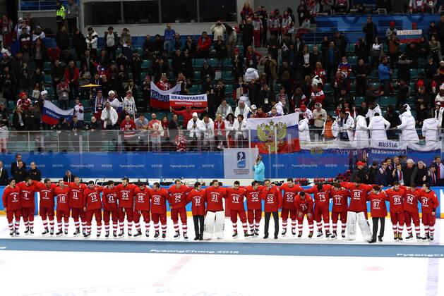 GANGNEUNG, SOUTH KOREA - FEBRUARY 25, 2018: The Olympic Athletes from Russia at a victory ceremony after the men s gold medal Ice hockey Eishockey game against Germany at Gangneung Hockey Centre at the 2018 Winter Olympic Games Olympische Spiele Olympia OS The Olympic Athletes from Russia won 4-3 in overtime. Valery Sharifulin TASS  TS075A4F