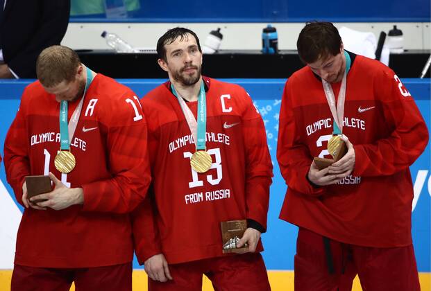 GANGNEUNG, SOUTH KOREA - FEBRUARY 25, 2018: Gold medalists, the Olympic Athletes from Russia at a victory ceremony for the men s Ice hockey Eishockey event at Gangneung Hockey Centre at the 2018 Winter Olympic Games Olympische Spiele Olympia OS The Olympic Athletes from Russia won 4-3 in overtime. Valery Sharifulin TASS  TS075A56