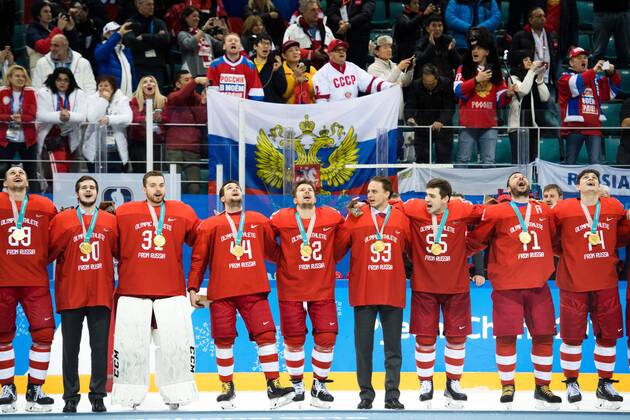 180225 Team Russia (OAR) celebrating after winning the Ice hockey Eishockey Men s Final between Olympic Athletes from Russia (OAR) and Germany during day sixteen of the 2018 Winter Olympics on February 25, 2018 in Pyeongchang. Photo: Joel Marklund BILDBYRAN kod JM 87649 Copyright: JOELxMARKLUND BB180225JM056