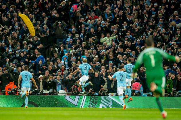 Vincent Kompany of Manchester City celebrates scoring his goal during the EFL Carabao Cup Final match between Arsenal and Manchester City at Wembley Stadium, London, England on 25 February 2018. Copyright: xSalvioxCalabresex 19050077