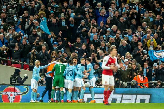 Vincent Kompany of Manchester City celebrates scoring his goal during the EFL Carabao Cup Final match between Arsenal and Manchester City at Wembley Stadium, London, England on 25 February 2018. Copyright: xSalvioxCalabresex 19050080