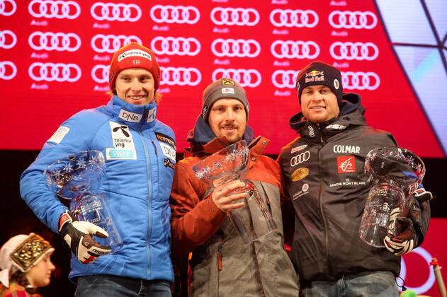 ALPINE SKIING - FIS WC Kranjska Gora KRANJSKA GORA,SLOVENIA,03.MAR.18 - ALPINE SKIING - FIS World Cup, giant slalom, men, medal ceremony. Image shows Henrik Kristoffersen (NOR), Marcel Hirscher (AUT) and Alexis Pinturault (FRA). Keywords: trophies. GEPAxpictures xMaticxKlansek