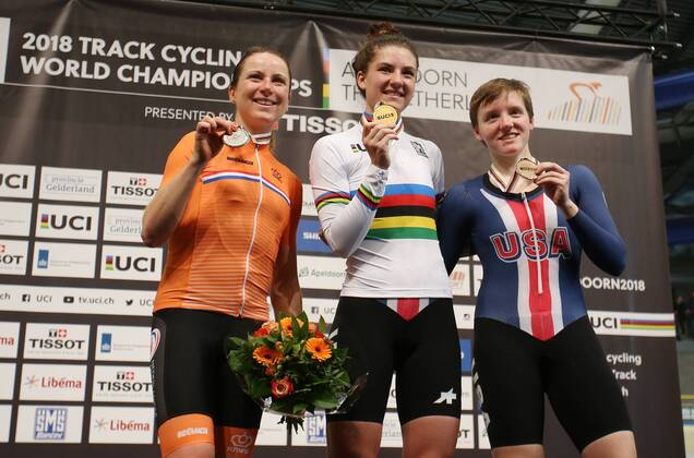 UCI 2018 Track cycling Rad Radsport Bahnrad Bahn World Championships, UCI Bahn Weltmeisterschaften 2018, Apeldoorn (NED), 03.03.2018, xmdx, Womens Individual Pursuit Victory Ceremony, form left, 2nd Annemiek VAN VLEUTEN (NED, Netherlands) silver, World Champion Chloe DYGERT (USA, United States of America) gold, 3rd Kelly CATLIN (USA, United States of America) bronze, 2018 Track Cycling World Championships