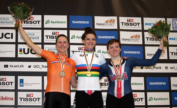 UCI 2018 Track cycling Rad Radsport Bahnrad Bahn World Championships, UCI Bahn Weltmeisterschaften 2018, Apeldoorn (NED), 03.03.2018, xmdx, Womens Individual Pursuit Victory Ceremony, form left, 2nd Annemiek VAN VLEUTEN (NED, Netherlands) silver, World Champion Chloe DYGERT (USA, United States of America) gold, 3rd Kelly CATLIN (USA, United States of America) bronze, 2018 Track Cycling World Championships